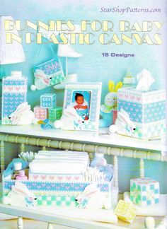 an advertisement for a baby's diaper shop with items on the shelves in front of it