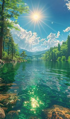 the sun shines brightly over a lake surrounded by trees and rocks, as it reflects in the water