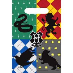 harry potter party bag with hogwart's crest, raven, and the letter h