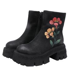 Hand Painted Flower Decoration, 70mm Platform. Material: Top layer cow leatherLining: SheepskinInsole : SheepskinSole: RubberHeels: 7 cm/2.76"Tube Height: 15 cm/5.90"Fit: Medium to Wide, Runs Normal.Origin: Made in China Production Time: About 3-5 days (Any exceptional case will email you, Please pay attention to your email left) Shipping Time: Free Shipping To most locations, delivery time is approximately 5-15 days; We have paid FedEx Option, to most locations, delivery time is approximately 2-8 days. Shoes for Autumn and Winter.Great Shoes To Spice Up Any Outfit, From Casual Jeans To Fancy Dress. The More You Wear Them, The More Comfortable They Will Become!Item No. Dwarves3273 Notes: Measurement data are from size 7.When size up the data will kick into motion to adapt most foot. The su Leather Boots With Floral Print And Round Toe, Winter Floral Print Boots, Black Leather Boots With Floral Print, Flowery Doc Martens, Multicolor Floral Embroidered Round Toe Boots, Multicolor Embroidered Leather Boots, Retro Boots, Flat Slipper, Coffee Black