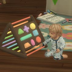 a small child is playing with an interactive crayons set on the floor in a bedroom