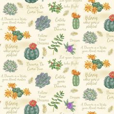 Dream Catcher Multi Succulents and Sayings Fabric  9746-46 Dreamcatcher Design, Allover Design, Crochet Cactus, Pastel Grey, Primitive Gatherings, Gold Text, Cactus Garden, Dream Catchers, Embroidery Ideas