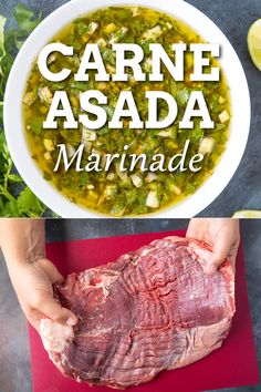 someone holding a raw piece of meat in front of a bowl of marinade with the title above it