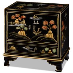 Magnificent in rich black satin finish, hand painted scenery and a classic Chinoiserie motif decorate the entire cabinet. The design continues on the top and sides of the cabinet with subtle gold accents throughout. One drawer and a two door cabinet provide ample storage space. Perfect for the great room or bedroom as a side table. Matching brass hardware complements the overall look. Asian Coffee Table, Painted Scenery, Black Chinoiserie, Two Door Cabinet, Asian Wall Art, Chinoiserie Motifs, Lacquer Furniture, Asian Furniture, China Furniture