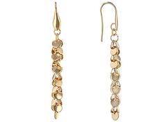 18K yellow gold over bronze dangle earrings. Measure approximately 2.98 inches in length by 0.23 inches in width and have fish hook backings. Elegant Metal Jewelry With Hook Closure, Elegant Dangle Earrings With Fish Hook, Elegant Metal Jewelry With Fish Hook, Gold Dangle Earrings With Fish Hook, Gold Drop Earrings With Fish Hook, Elegant Gold Jewelry With Fish Hook, Gold Linear Earrings With Lever Back, Gold Dangle Earrings With Lever Back, Gold Dangle Chandelier Earrings With French Hook