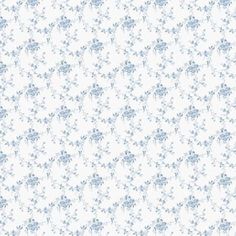 a white and blue floral wallpaper with small flowers on the bottom half of it