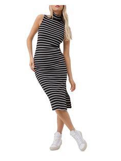 FRENCH CONNECTION Womens Black Stretch Slitted Striped Midi Body Con Dress S Turtleneck Midi Dress, French Connection Dress, Fitted Midi Dress, High Neck Sleeveless, Summer White, Body Con Dress, Striped Midi Dress, Ribbed Turtleneck, Sleeveless Sheath Dress