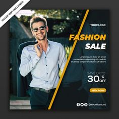 a flyer for a fashion sale with a man wearing sunglasses