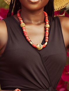 Akan Necklace - HUBBIQ Unique Red Handwoven Necklace, Bohemian Handwoven Brass Jewelry, Traditional Handwoven Natural Jewelry, Traditional Handwoven Natural Color Jewelry, Red Handwoven Necklace, Handwoven Red Necklace, Artisan Red Handwoven Beaded Necklaces, Artisan Red Beaded Necklaces Handwoven, Artisan Natural Beaded Necklaces Fair Trade