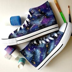 Hand painted galaxy canvas sneakers! These hand painted shoes are great as unique gifts!  Brilliant for teens and adults looking for something a bit different. This are ready made canvas trainers ready for dispatch in 2-3 days. UK Size 6 Shoes are painted and varnished with special textile varnish so do not worry about washing them, just choose Hand wash. Please contact me with any questions. I can also paint other style/ picture on any canvas sneakers/trainers. Thank you for looking! Baskets Converse, Galaxy Shoes, Painted Clothing, Diy Sneakers, Converse Trainers