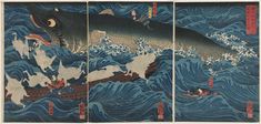 three panels with fish and boats in the water