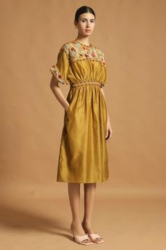 Shop for Chandrima Yellow Chanderi Midi Dress for Women Online at Aza Fashions Chanderi Dress, Mustard Yellow Dress, Mustard Yellow Dresses, Midi Dress For Women, Dress With Embroidery, Kaftan Style, Kurta Dress, Yellow Midi Dress, Embroidered Neckline