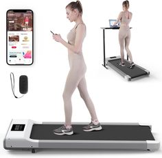 a woman is walking on a treadmill while looking at her cell phone and holding a smart device