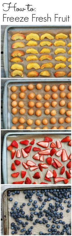 three trays filled with fresh fruit on top of each other