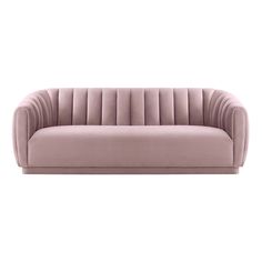 a pink velvet sofa with pleated back and arms, viewed from the front angle