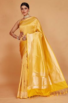 Shop yellow Katan Banarasi saree online in USA with overall zari work. Look your best on festive occasions in latest designer saris, pure silk sarees, Kanjivaram silk sarees, handwoven saris, tussar silk sarees, embroidered sarees from Pure Elegance Indian clothing store in USA.-full view Yellow Semi-stitched Handloom Saree, Yellow Handloom Pre-draped Saree For Wedding, Festive Yellow Tussar Silk Pre-draped Saree, Festive Yellow Paithani Silk Pre-draped Saree, Yellow Pre-draped Saree For Diwali, Traditional Yellow Paithani Silk Pre-draped Saree, Yellow Paithani Silk Anarkali Pre-draped Saree, Yellow Handloom Blouse Piece For Wedding, Yellow Self Design Anarkali Pre-draped Saree