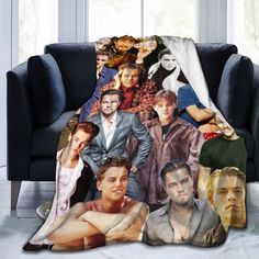 a couch with a blanket on it that has many pictures of the same man and woman