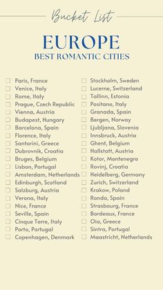 the bucket list for europe in blue and white, with text that reads best romantic cities