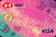 a visa card with butterflies on it and the words hsbc in front of it