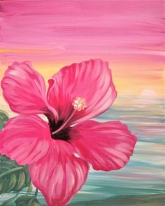 a painting of a pink flower in front of the ocean with water and sky behind it