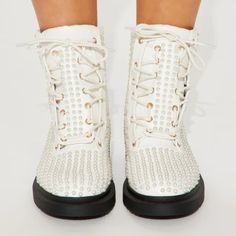 Sold Out On Fashionnova New, Unworn, With Box Fashion Nova Combat Boots Size 8 Round Toe Lace Up Faux Pearl Detail White Synthetic Boots With Flat Heel, White Synthetic Flat Heel Boots, Fashion Nova Shoes, Moto Boots, Combat Boots, Faux Pearl, Fashion Nova, Lace Up, Boots