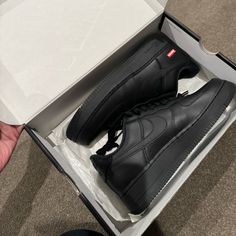 Beand New Never Worn! The Supreme X Air Force 1 Low ‘Box Logo��’ Debuted As Part Of The New York Brand’s Spring/Summer 2020 Collection, Showcasing A Minimalist Design With Restrained Branding. Built With A Full-Grain Leather Upper, The Retro Silhouette Is Entirely Dipped In Black, Save For Supreme’s Signature Red Box Logo On The Lateral Heel. The Same Detail Is Repeated On The Custom Sockliner, Alongside A Nike Air Logo Hit. The Kicks Come With A Second Set Of Black Laces Printed With Supreme Bran Air Force 1 Noir, Nike Air Logo, Air Logo, Retro Silhouette, Lace Print, Box Logo, Air Force 1 Low, The Supreme, Black Sneakers