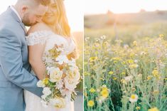 a bride and groom standing in a field at sunset