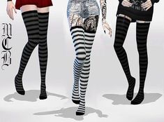 three women wearing striped stockings and thigh high socks