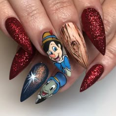 ?🏻‍♀️ Take Blue Fairy’s advice, “A boy who won’t be good, might just as well be made of wood.” 🧚🏻‍♀️ @nailz_by_de Book Nail Art, Disney Acrylic Nails, Mickey Nails, Wish Upon A Star, Nail Art Disney, Blue Fairy