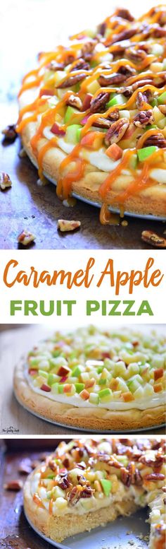 this caramel apple fruit pizza is an easy and delicious dessert that's ready to be eaten