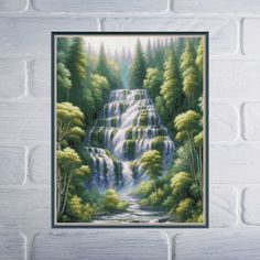 a painting of a waterfall surrounded by trees