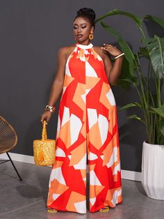 Orange Casual Collar Sleeveless Woven Fabric Colorblock,Geometric,All Over Print Other Embellished Slight Stretch  Women Plus Clothing Jumpsuit For Summer, Stylish Jumpsuit Fashion, Jumpsuits For Plus Size Women, Jumpsuit Fashion Casual, Casual Jumpsuits For Women, Wide Leg Jumpsuit Outfit, Jumpsuits For Women Casual, Flower Print Jumpsuit, African Jumpsuit