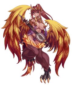 an image of a woman with wings holding a guitar and wearing a costume that looks like a bird