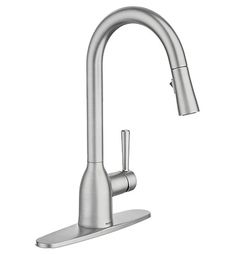 a stainless steel faucet with the handle extended to it's side spout