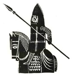 a black and white drawing of a man on a horse with a spear in his hand