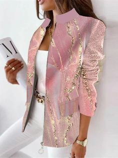 Affordable price buy Jackets on Zolucky, SPU: 29411JAB135AD, Color: Pink, Style:Casual, Pattern:Abstract graphic. Jacket Ideas For Women, Spring Jackets For Women, Christmas Jacket, Fall Outerwear, Stile Hijab, Jersey Jumpsuit, Stand Collar Jackets, Womens Jackets Casual, Blazer Jackets For Women