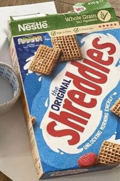 a box of cereal sitting on top of a table