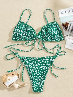 Green Cute   Polyester All Over Print   High Stretch  Women Beachwear Cute Green Swimwear For The Beach, Cute Green Bikinis, Green Floral Print Swimwear, Green Vibrant Print Beachwear Swimwear, Green Floral Print Tie-side Swimwear, Pretty Bikinis