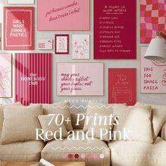 a living room filled with lots of pink and white wall art hanging on the walls