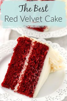 a slice of red velvet cake on a white plate with the words red velvet cake above it