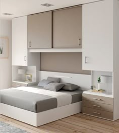 a bedroom with a bed, nightstands and cabinets in white and grey colors on the walls