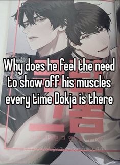 a man and woman with text saying why does he feel the need to show off his muscles every time okia is there