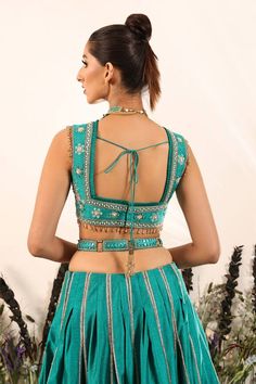 Green attached can-can lehenga featuring box pleats with floral embroidery on the hem. Paired with a padded blouse, a sheer dupatta and an embroidered belt. - Aza Fashions Traditional Designer Lehenga With Side Open, Wedding Sets With Unstitched Blouse And Side Open, Sleeveless Lehenga For Reception With Dori Work, Traditional Side Open Lehenga For Receptions, Fitted Side-open Lehenga For Festive Occasions, Bollywood Style Side Open Wedding Set, Fitted Sleeveless Sets With Cutdana, Fitted Sleeveless Sets With Cutdana Details, Festive Side Open Choli For Reception