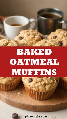 baked oatmeal muffins on a cutting board with coffee in the background