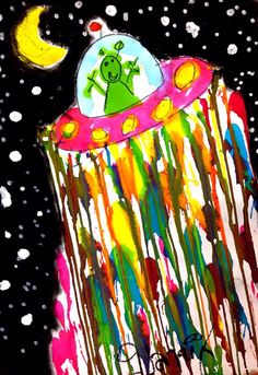 a drawing of a person riding on top of a colorful object in the night sky