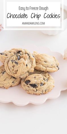 chocolate chip cookies on a pink plate with text overlay