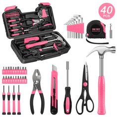 pink and black tool kit with tools in it