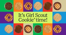 there are many cookies and donuts on the checkered tablecloth with words it's girl scout cookie time