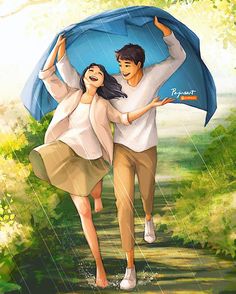 a man and woman walking under an umbrella in the rain, with trees behind them