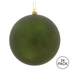 a green ball ornament hanging on a gold string with the words 24 pack